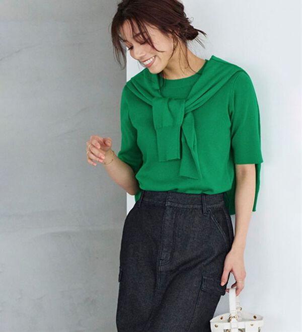 Pierrot（ピエロ）の「【洗濯機で洗える】多機能ニット５分袖トップス（ニット・セーター）」｜詳細画像