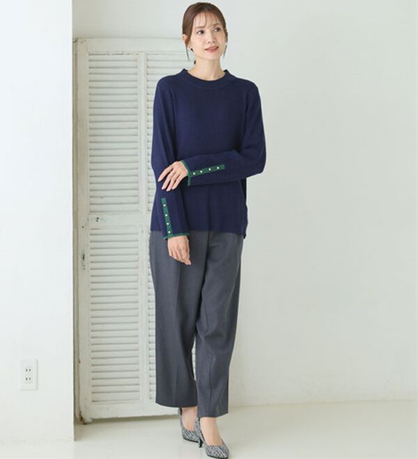 A HAPPY MARILYN（アハッピーマリリン）の「【Ｌ～８Ｌ】フィットしすぎない！もっちりリブ 配色美人着回し 袖ボタンニット（ニット・セーター）」｜詳細画像