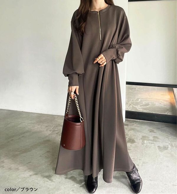 GeeRA（ジーラ）の「【再入荷】1枚で決まる！ハーフジップフレアワンピース（カットソーワンピース）」｜詳細画像