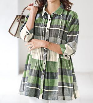 BELLUNA（ベルーナ）の「綿麻先染チェックオーバーブラウス（チュニック）」｜詳細画像