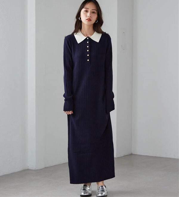 PINUE ポロカラーリブニットワンピース ポロカラーリブニットワンピース（BEIGE） - PINUE