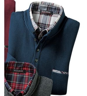 「重ね着いらずのダブル衿トレーナー（メンズトレーナー）」｜ネイビー