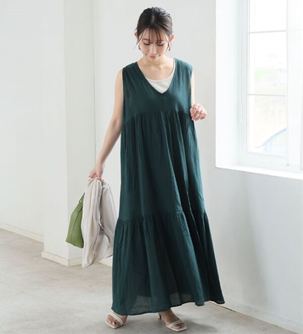 大きいサイズ】【L～6L】Vネックノースリーブワンピース【風通る