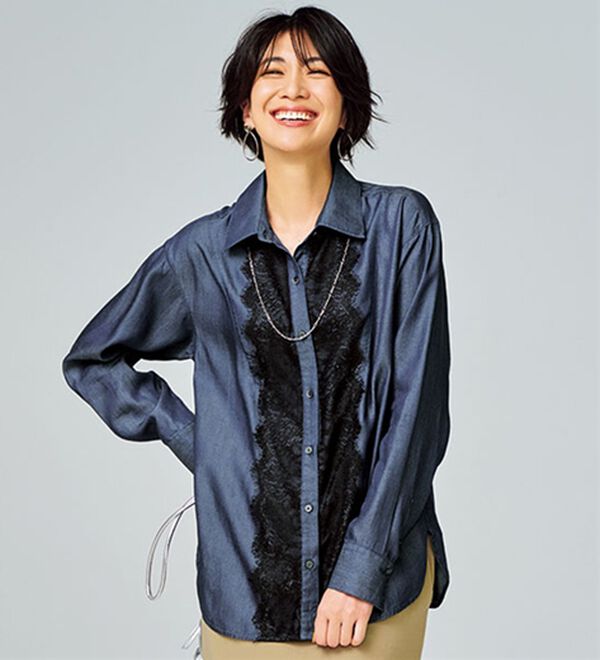 BELLUNA（ベルーナ）の「デニム素材レース使いシャツチュニック（チュニック）」｜インディゴ