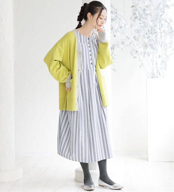 A HAPPY MARILYN（アハッピーマリリン）の「【Ｌ～６Ｌ】綿１００％さらりリラックス ゆったりシルエットのスッキリ柄 ストライプ マルチストライプコットンワンピ（ロングワンピース）」｜詳細画像