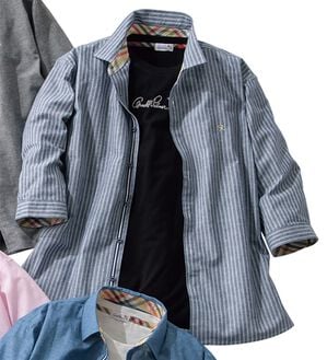 「＜アーノルド　パーマー＞麻入りシャツアンサンブル（メンズシャツ）」｜サックスストライプ