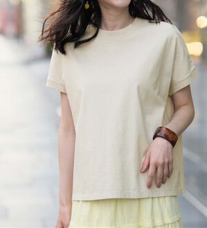 RANAN（ラナン）の「【選べる袖丈】【ひんやり・ＵＶ】＜BC＞綿100％プチハイネックＴシャツ（カットソー）」｜ライトグレー（半袖）