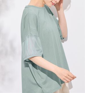 Viola e Viola（ヴィオラ エ ヴィオラ）の「【５つの機能付】ボリューム袖シフォン切替Ｔシャツ（Tシャツ）」｜ライトブルー