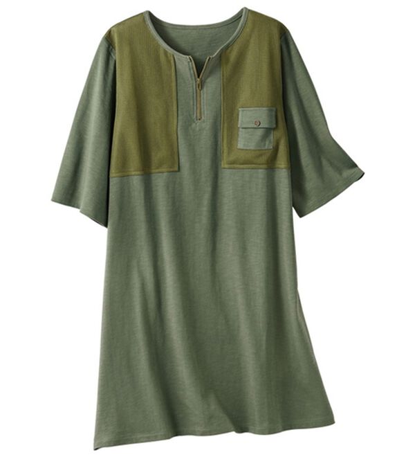 BELLUNA（ベルーナ）の「スラブ調素材メッシュ切替チュニック（チュニック）」｜カーキ