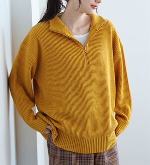 A HAPPY MARILYN（アハッピーマリリン）の「【Ｌ～６Ｌ／選べる配色・同色】あぜ編みハーフジップニット（ニット・セーター）」｜同色／イエロー