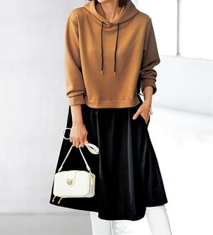 BELLUNA（ベルーナ）の「異素材切替ドロスト使いワンピース（その他ワンピース）」｜ベージュ／黒