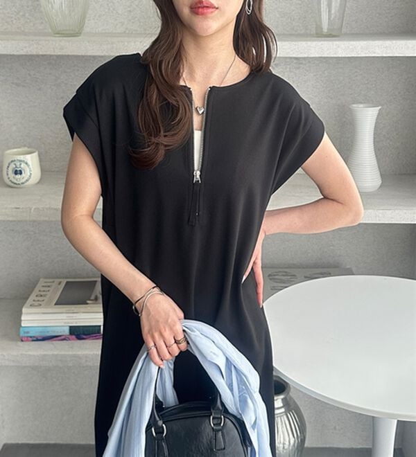 GeeRA（ジーラ）の「前後２ＷＡＹハーフジップＩラインワンピース（カットソーワンピース）」｜詳細画像