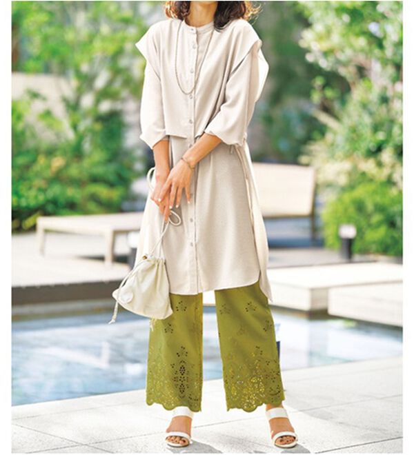 BELLUNA（ベルーナ）の「麻調素材レイヤード風ロングシャツ（シャツワンピース）」｜詳細画像