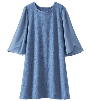 BELLUNA（ベルーナ）の「【体型カバー】花柄カットソーレース袖切替デザインチュニック（チュニック）」｜ブルー