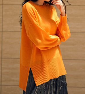 RANAN（ラナン）の「ワイドリブ使いカラーニットチュニック（ニット・セーター）」｜オレンジ