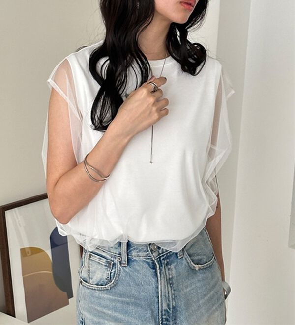 GeeRA（ジーラ）の「チュールカバーフレンチスリーブカットソー（カットソー）」｜詳細画像