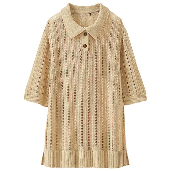 BELLUNA（ベルーナ）の「透かし編み素材ポロ衿ニットプルオーバー（ニット・セーター）」｜詳細画像