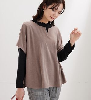 BELLUNA（ベルーナ）の「【2点セット】もちもち素材キーネックポンチョアンサンブル（アンサンブル）」｜モカ×黒