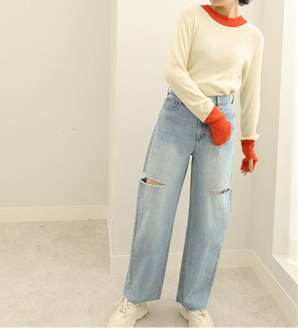 GeeRA（ジーラ）の「指穴配色デザイン柔らかリブニット（ニット・セーター）」｜詳細画像