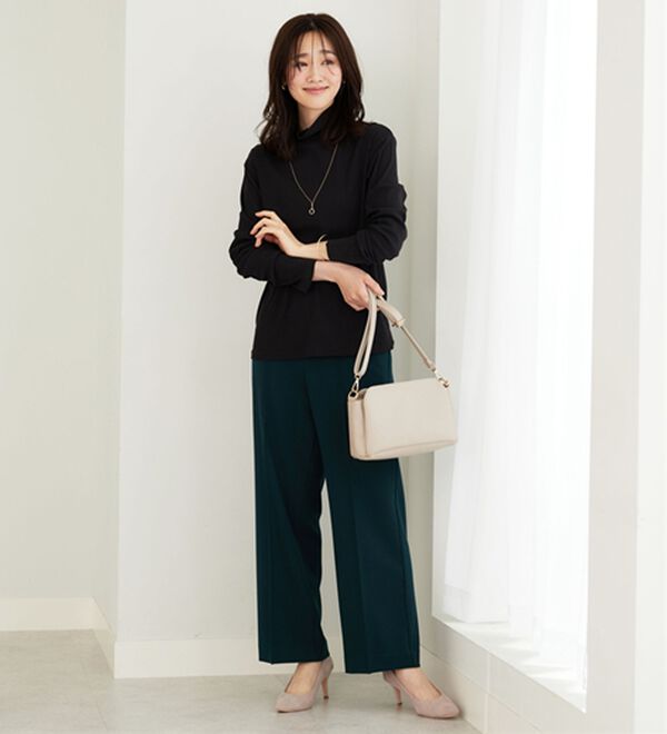 BELLUNA（ベルーナ）の「サマ見え（Ｗ）ストレッチ素材タブ使いワイドパンツ（ワイドパンツ・ガウチョ）」｜詳細画像