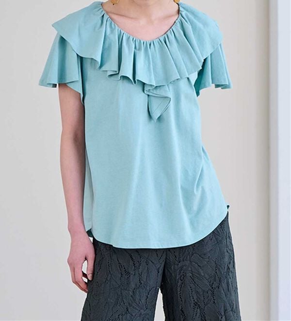 RANAN（ラナン）の「ひんやり！綿１００％フリル衿カットソープルオーバー（カットソー）」｜詳細画像