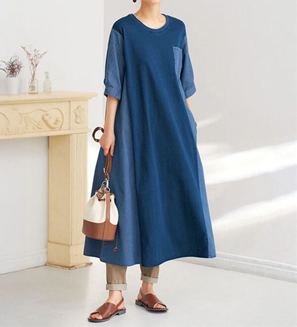 BELLUNA（ベルーナ）の「デニム切替ワンピース（カットソーワンピース）」｜インディゴ