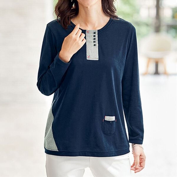 BELLUNA（ベルーナ）の「【３枚組】異素材使い赤ステッチプルオーバー（カットソー）」｜詳細画像