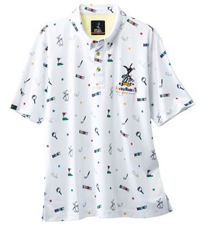 「＜ロッキーラビット＞ゴルフデザイン総柄ポロシャツ（メンズポロシャツ）」｜ホワイト