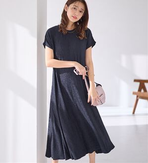 alotta（アロッタ）の「【４つの機能付】ひんやり楽ちん快適！フレアーワンピース（カットソーワンピース）」｜ネイビー