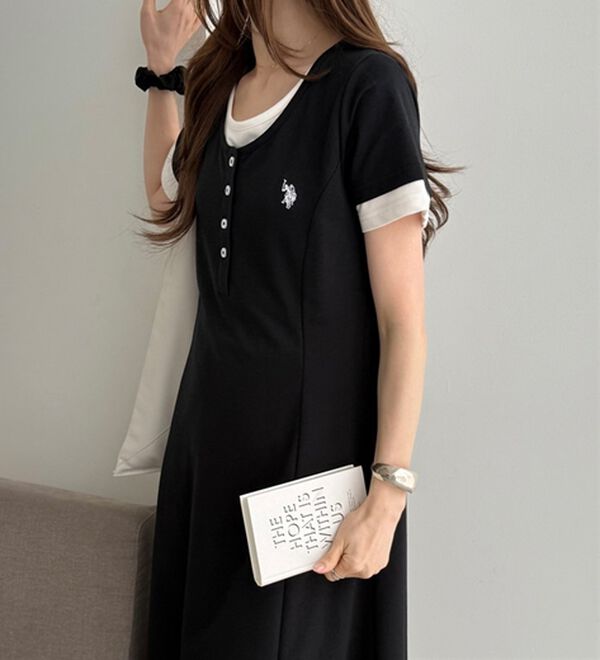 GeeRA（ジーラ）の「【ＵＳ．ＰＯＬＯ．ＡＳＳＮ】レイヤード風ヘンリーネック半袖ワンピース（カットソーワンピース）」｜詳細画像