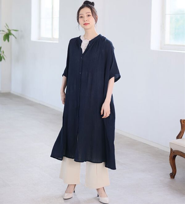 A HAPPY MARILYN（アハッピーマリリン）の「【Ｌ～６Ｌ】【風通るプレミアム】綿１００％ 楊柳 五分袖 ギャザーたっぷりワンピース（カットソーワンピース）」｜詳細画像