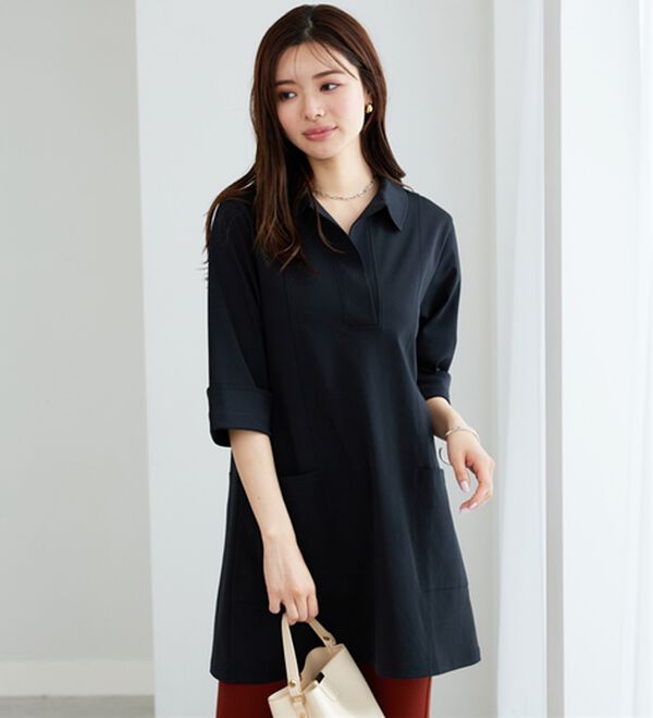 BELLUNA（ベルーナ）の「なめらかポンチ素材衿付きチュニック（チュニック）」｜黒