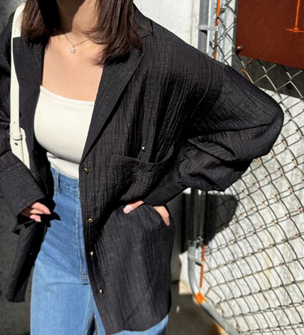 GeeRA（ジーラ）の「しぼ感素材開衿シャツ（シャツ）」｜ブラック