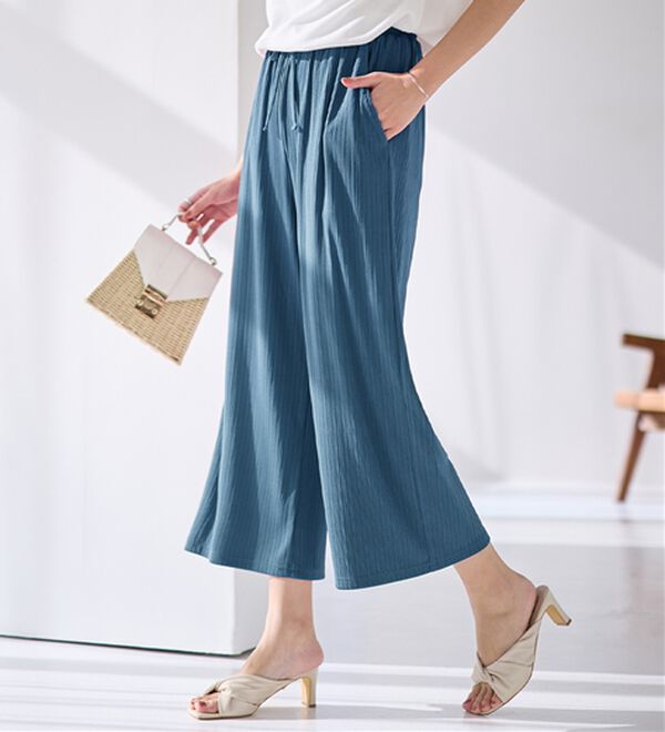 alotta（アロッタ）の「【選べる丈】のびのびストレッチリブワイドパンツ（クロップドパンツ）」｜ブルーグリーン クロップド丈