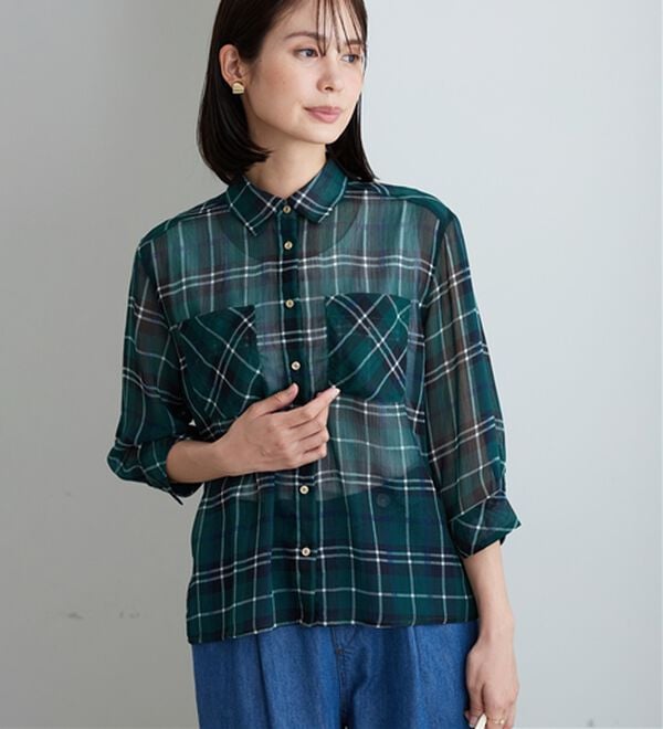 BELLUNA（ベルーナ）の「シフォン楊柳チェック柄プリントシャツ（シャツ）」｜詳細画像