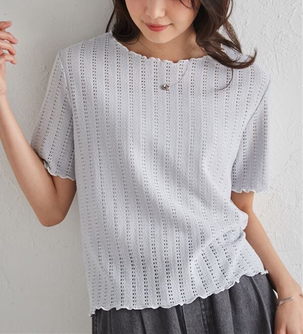RANAN（ラナン）の「インせず着られる！透かし柄メロー配色Ｔシャツ（カットソー）」｜詳細画像