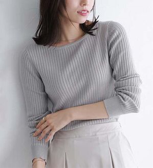 Pierrot（ピエロ）の「【洗濯機で洗える】ネックが選べるシルクタッチリブニット（ニット・セーター）」｜グレー