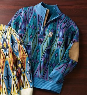 「＜フィッチェ　ゴルフ＞スエード使いハーフジップセーター（メンズニット・セーター）」｜ブルー系