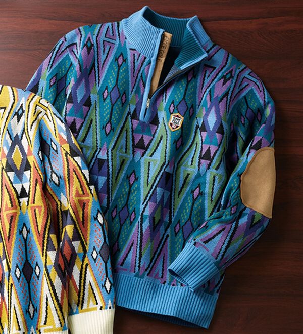 「＜フィッチェ　ゴルフ＞スエード使いハーフジップセーター（メンズニット・セーター）」｜ブルー系