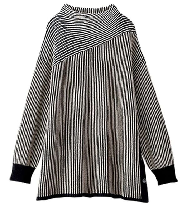 BELLUNA（ベルーナ）の「ボタン使いストライプジャカード切替ニットチュニック（チュニック）」｜詳細画像