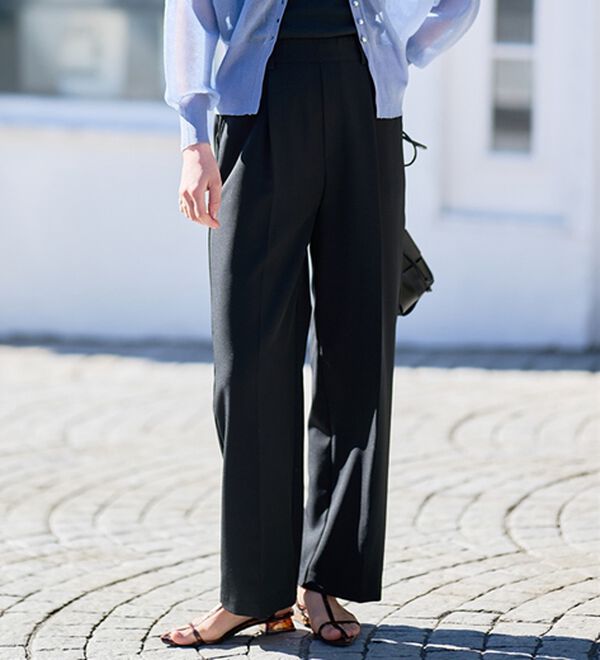 RANAN（ラナン）の「【選べる２丈】機能付！美脚シルエットセンタープレスワイドパンツ（フルレングスパンツ）」｜ブラック