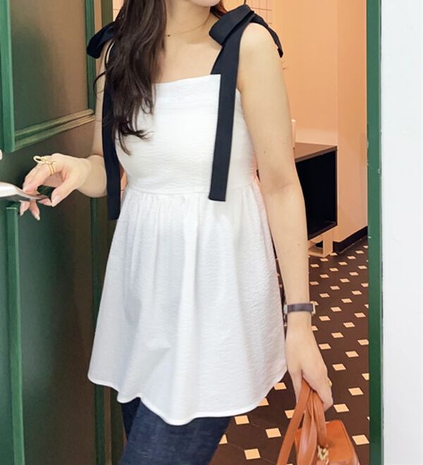 GeeRA（ジーラ）の「バイカラーぽこぽこリボンビスチェ（ブラウス）」｜ホワイト