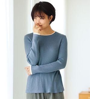 BELLUNA（ベルーナ）の「《ＨｕｇＲｅａｍコットン》配色リブセーター（ニット・セーター）」｜ブルー系
