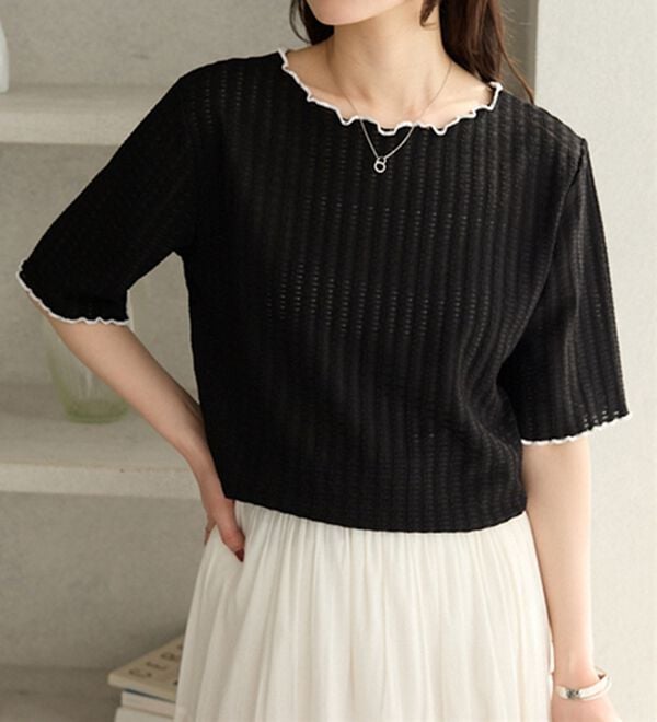 GeeRA（ジーラ）の「配色メロー５分袖表面感カットソー（カットソー）」｜詳細画像