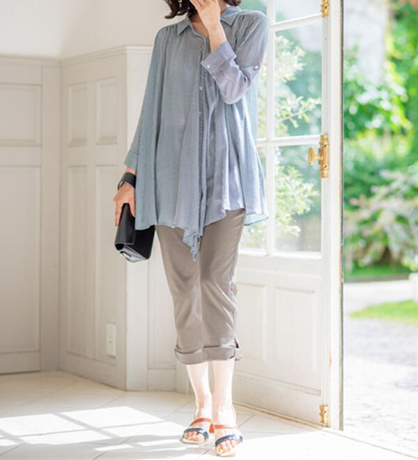 BELLUNA（ベルーナ）の「ヒンヤリ&times;サラリ速乾！綿サテンストレッチ裾リボンクロップドパンツ（クロップドパンツ）」｜詳細画像