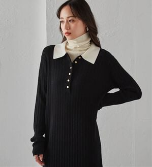 RANAN（ラナン）の「ポロカラーリブニットワンピース（ロングワンピース）」｜ブラック