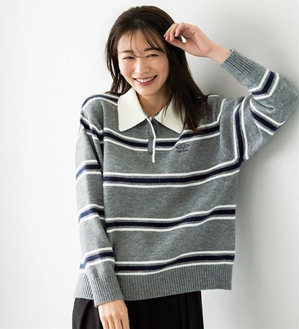 BELLUNA（ベルーナ）の「【ＵＭＢＲＯ】ボーダーポロニット（ニット・セーター）」｜杢グレー