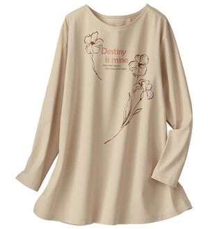 BELLUNA（ベルーナ）の「一枚で着映えるデコラＴ（長袖）（チュニック）」｜ベージュ(フラワー)