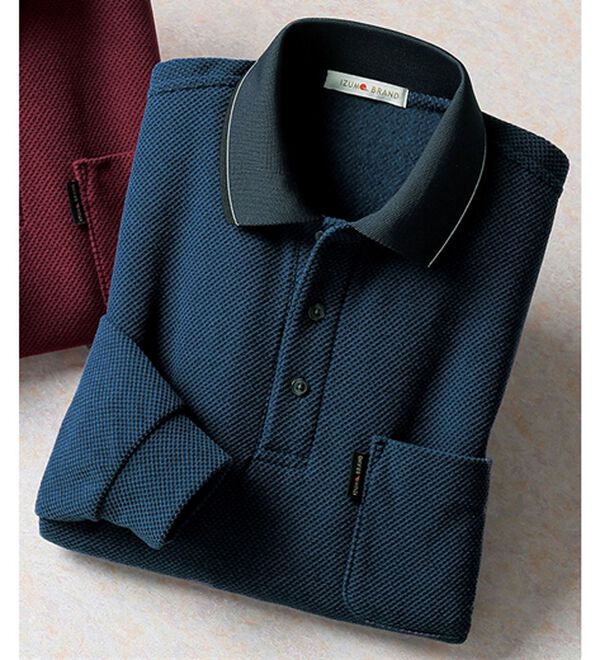 「日本製　鹿の子フリースの暖かポロシャツ（メンズポロシャツ）」｜ネイビー