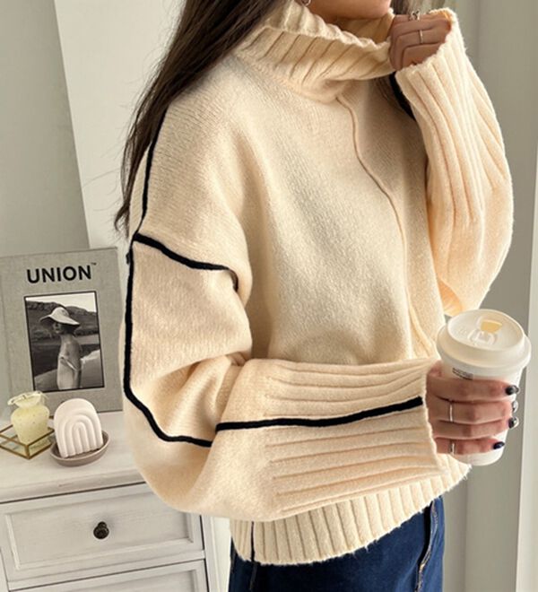 GeeRA（ジーラ）の「バイカラーラインタートルニット（ニット・セーター）」｜アイボリー&times;ブラック